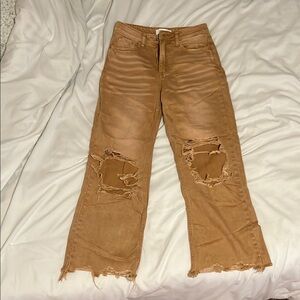 Tan Flare Wide Leg Distressed Jeans